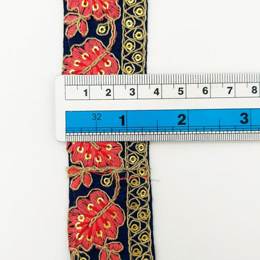 Navy Blue Trim with Floral Embroidery Salmon Pink Embroidered Leaves Trim, Decorative Trim, Indian Border